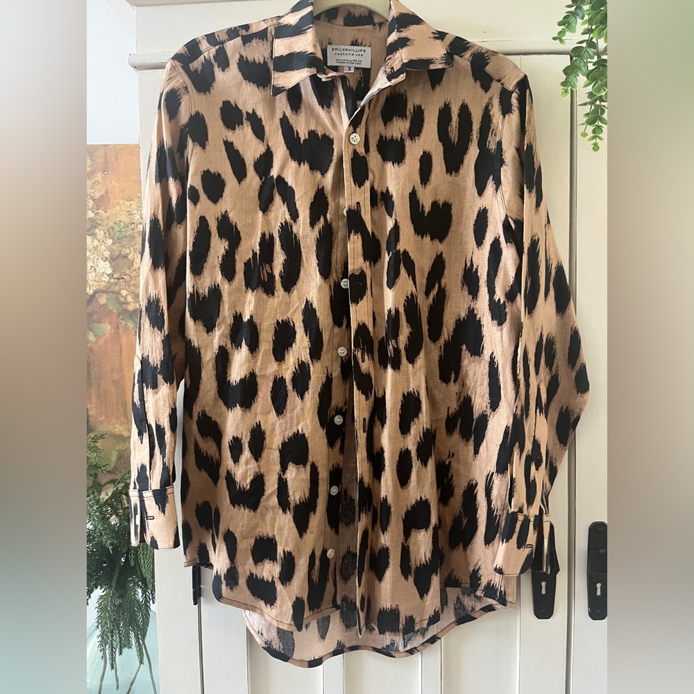 EMILY PHILLIPS CHEETAH PRINT L/S 100% LINEN TOP BLOUSE LIKE NEW SIZE 3